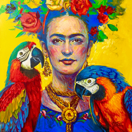 Frida and Her Parrots  24"X 24" Acrylic & Oil on Canvas