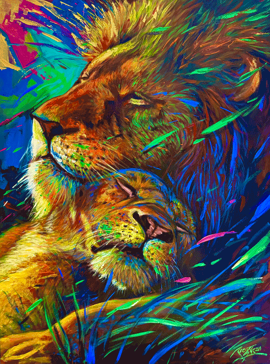 The Lion's Embrace  40" x 30" Acrylic on canvas