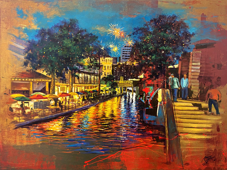 "Along The Riverwalk" - 48" x 36" - Mixed Media on Canvas