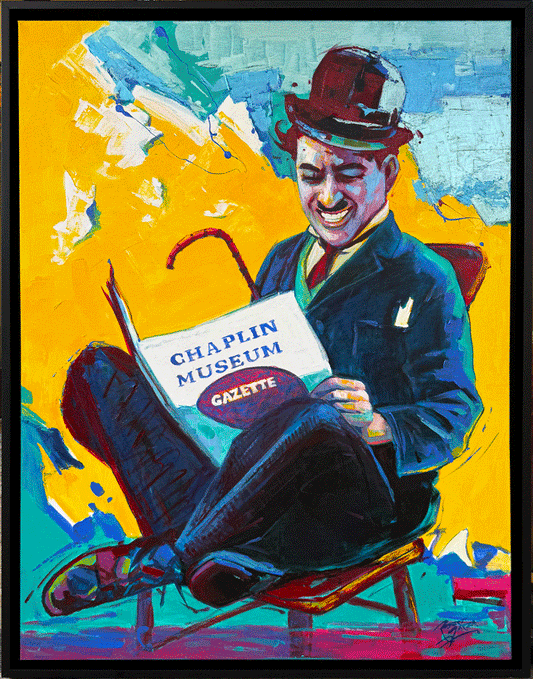 “The Reader of His Own Story” Charlie Chaplin 36"x48" Acrylic on Canvas