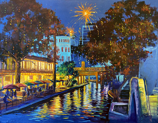 "Blue Night Riverwalk" - 48" x 36” - Mixed Media on Canvas