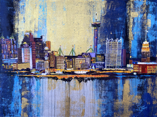 "Golden San Antonio Skyline" - 48" x 36" - Acrylic & Oil on Canvas